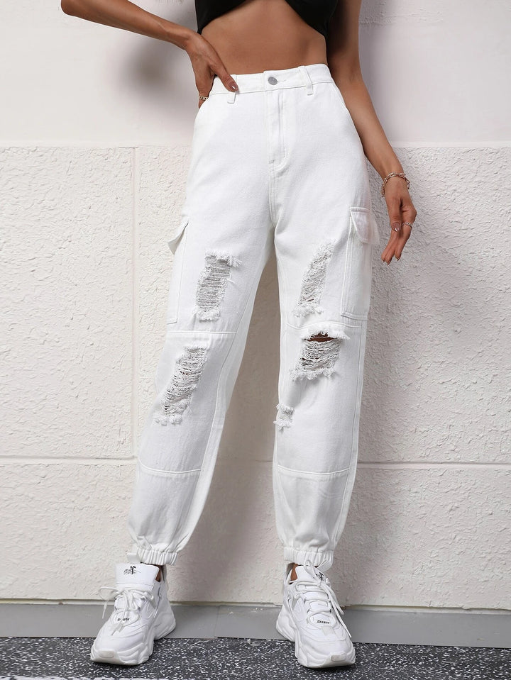 High Rise Ripped Cargo Jean