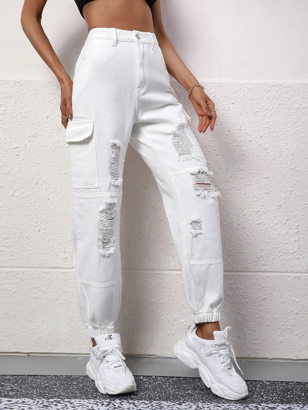 High Rise Ripped Cargo Jean