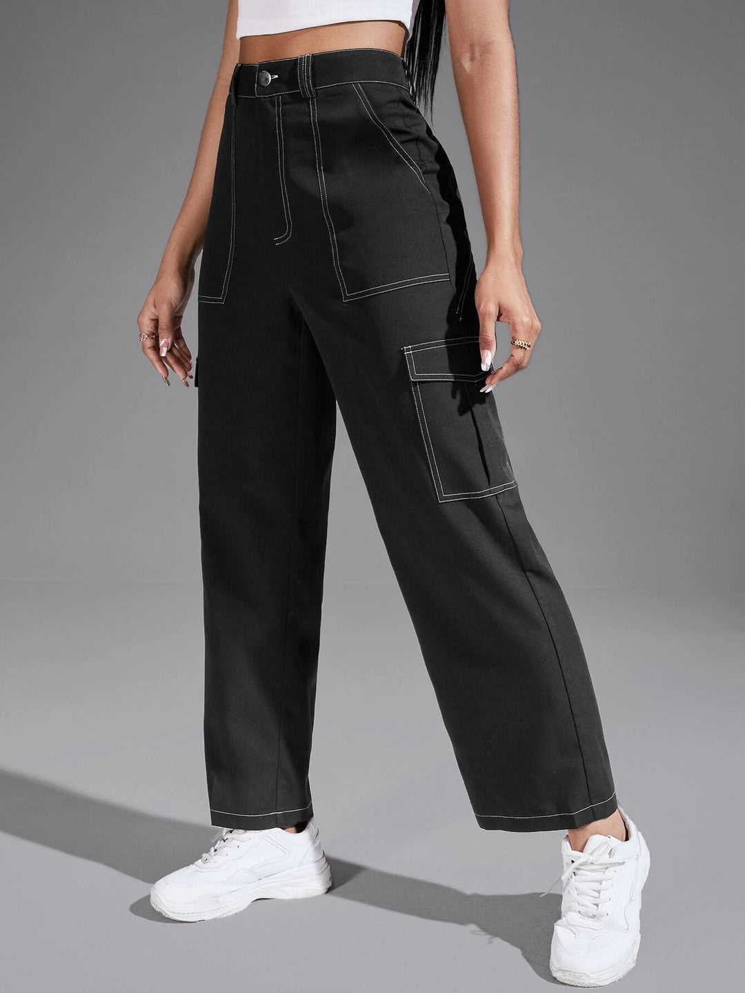 Solid Color Casual Flap Pocket Pants