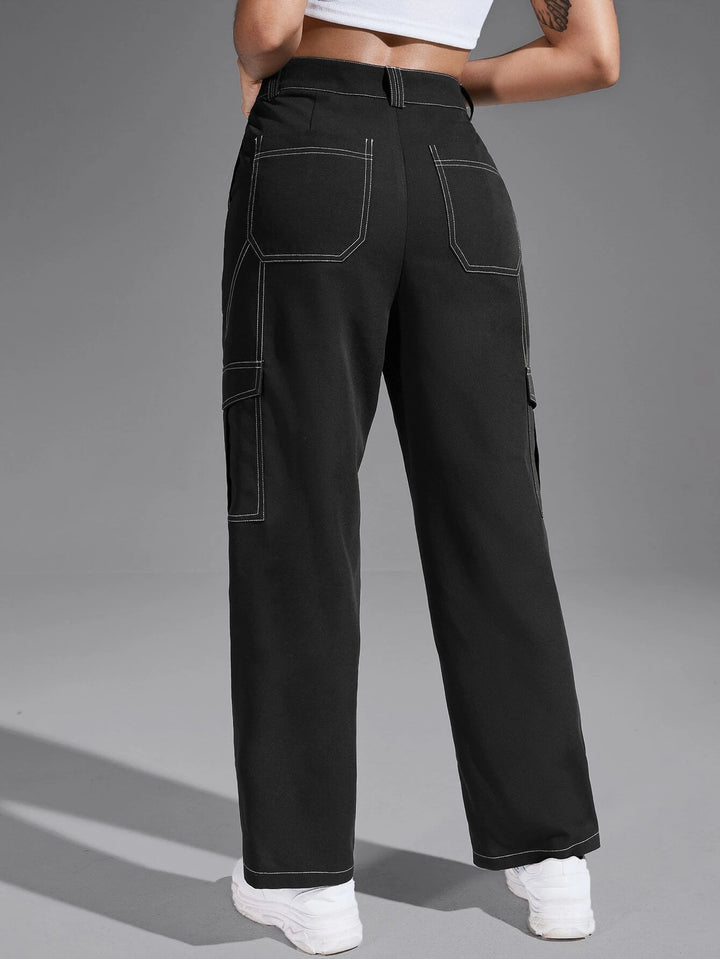 Casual Black Flap Pocket Pants