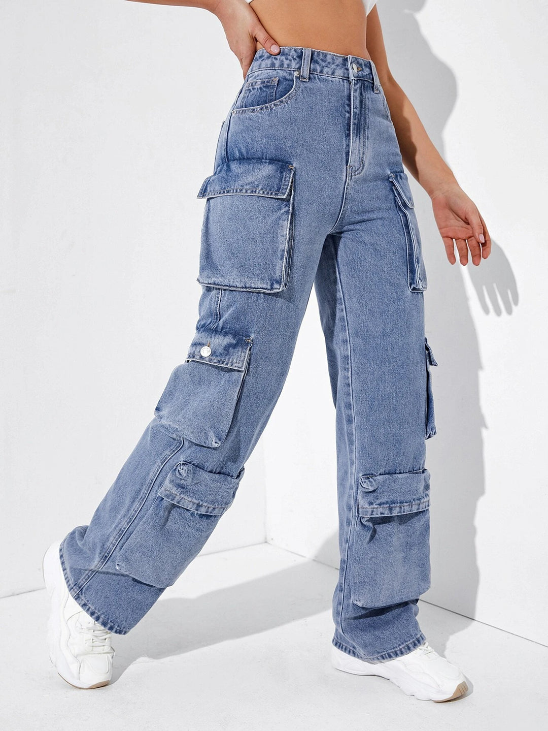 High Waisted Flap Pocket Cargo Jeans