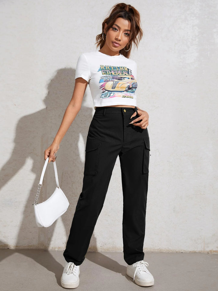 High Waisted Flap Pocket Utility Pants