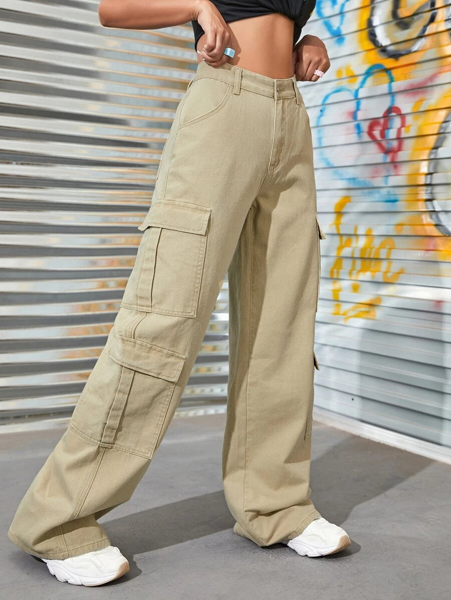 High Waist Zipper Fly Flap Pocket Cargo Jeans