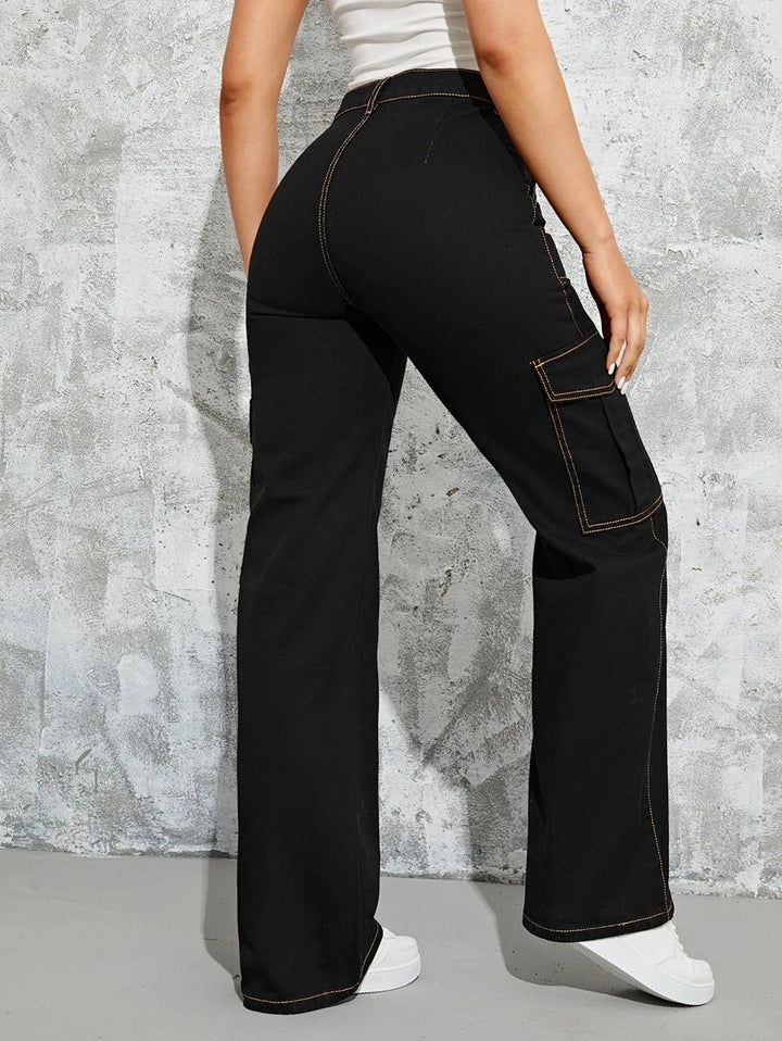 High Waisted Flap Side Pocket Cargo Jeans