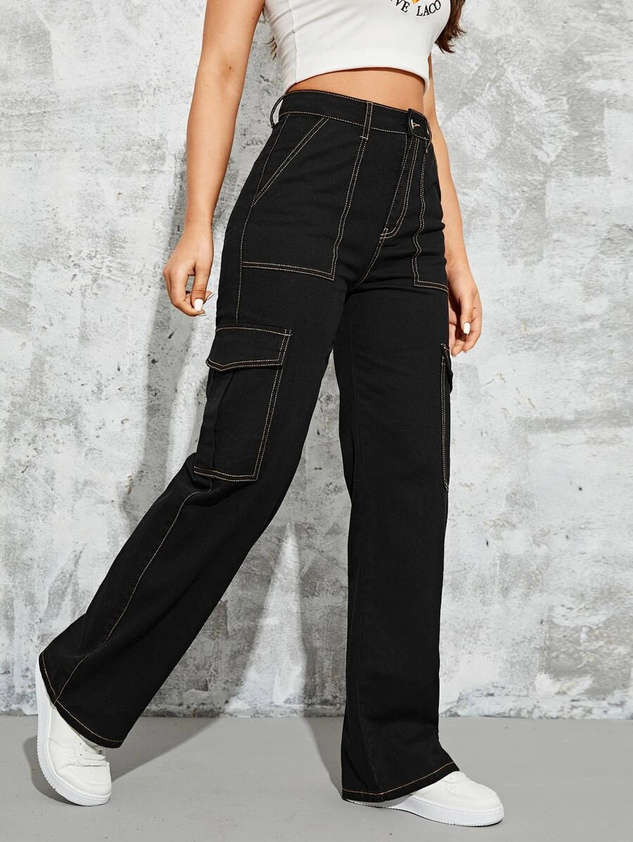 High Waisted Flap Side Pocket Cargo Jeans