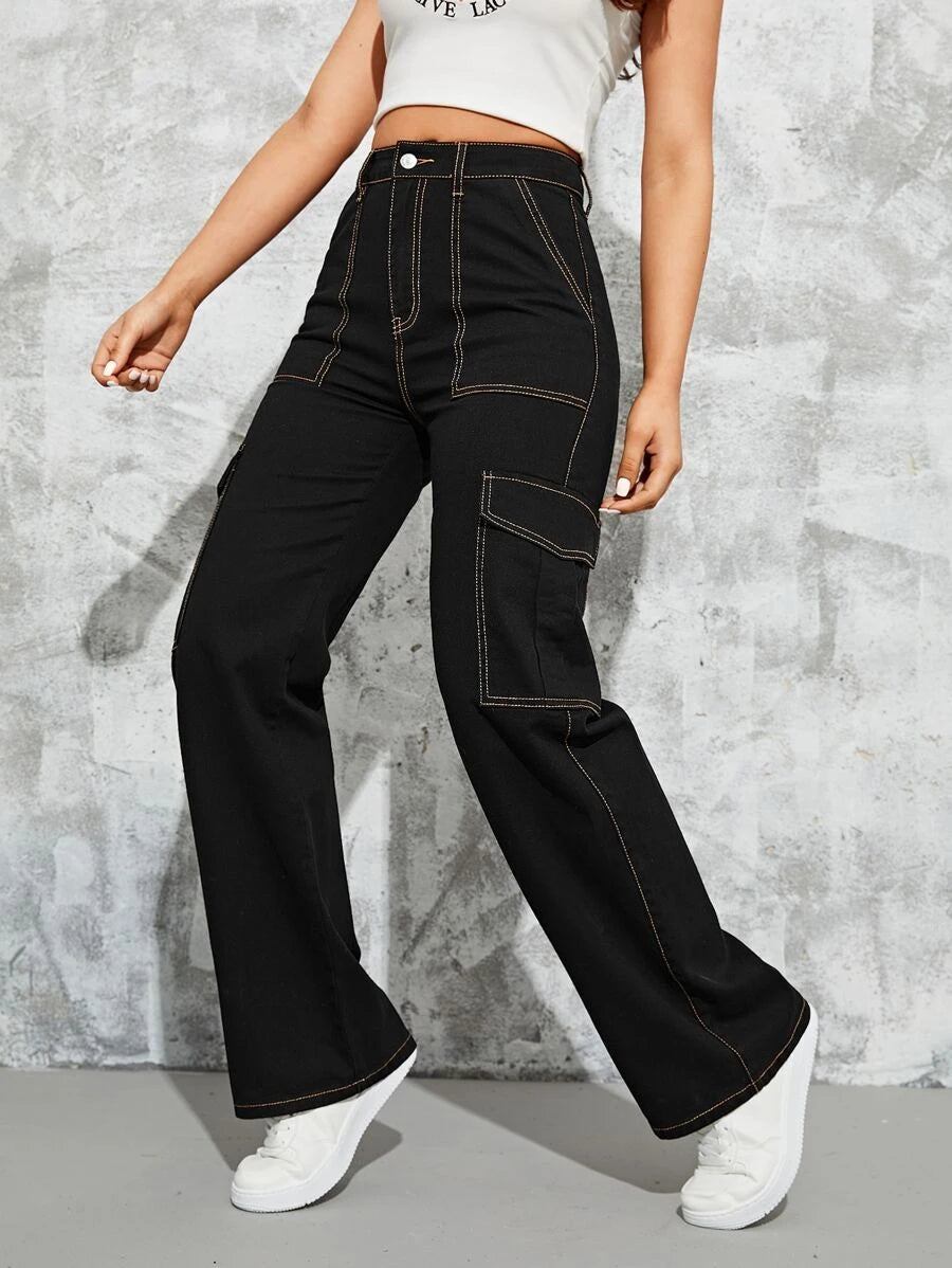 High Waisted Flap Side Pocket Cargo Jeans