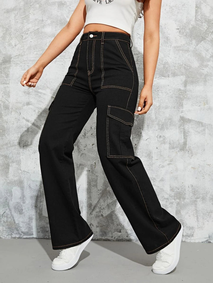 High Waisted Flap Side Pocket Cargo Jeans