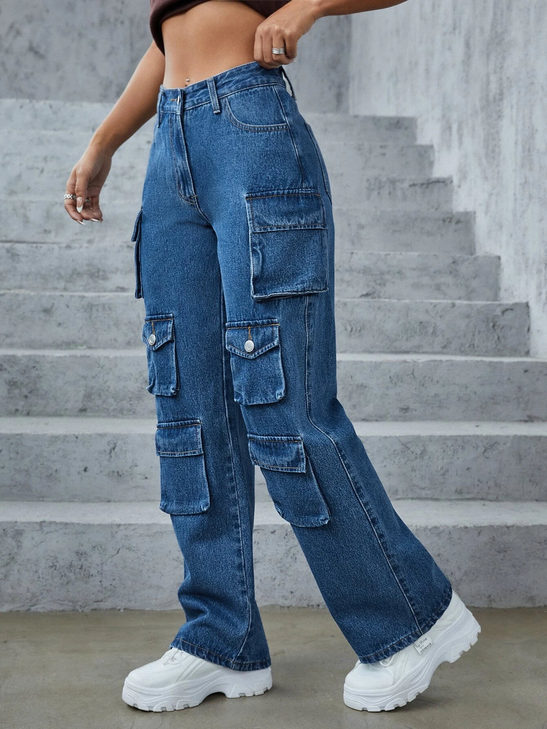 Flap Pocket High Rise Cargo Denim