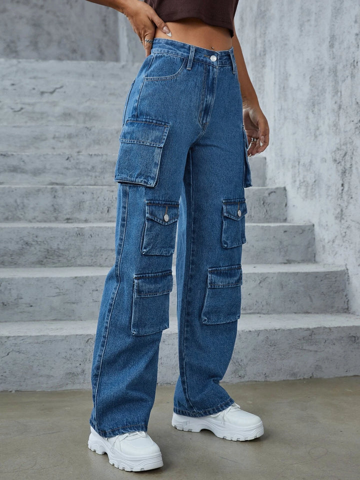 Flap Pocket High Rise Cargo Denim