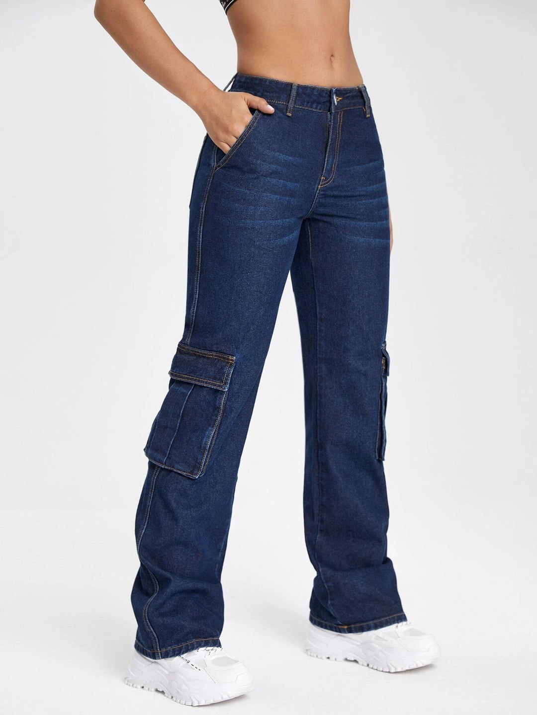 Plain Flap Pocket Regular Fit Cargo Jeans