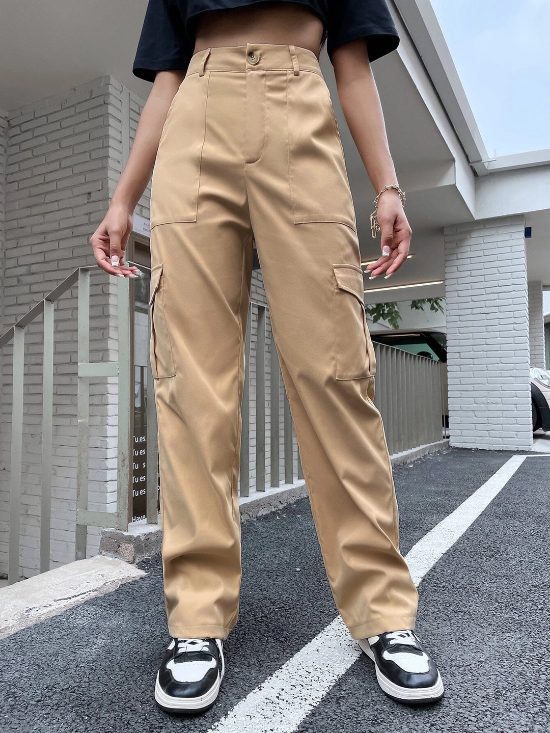 High Waist Flap Pocket Utility Pants