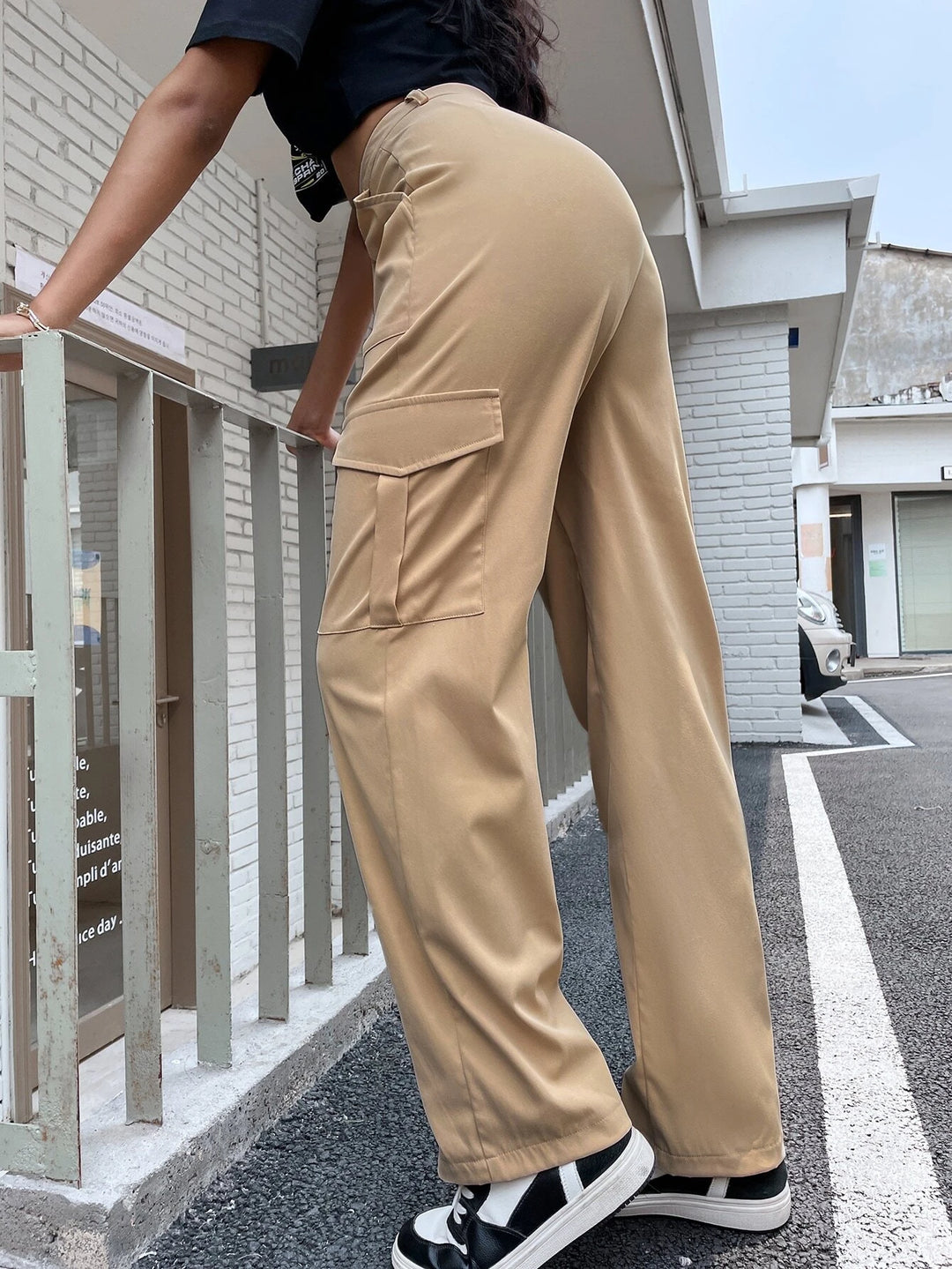 High Waist Flap Pocket Utility Pants