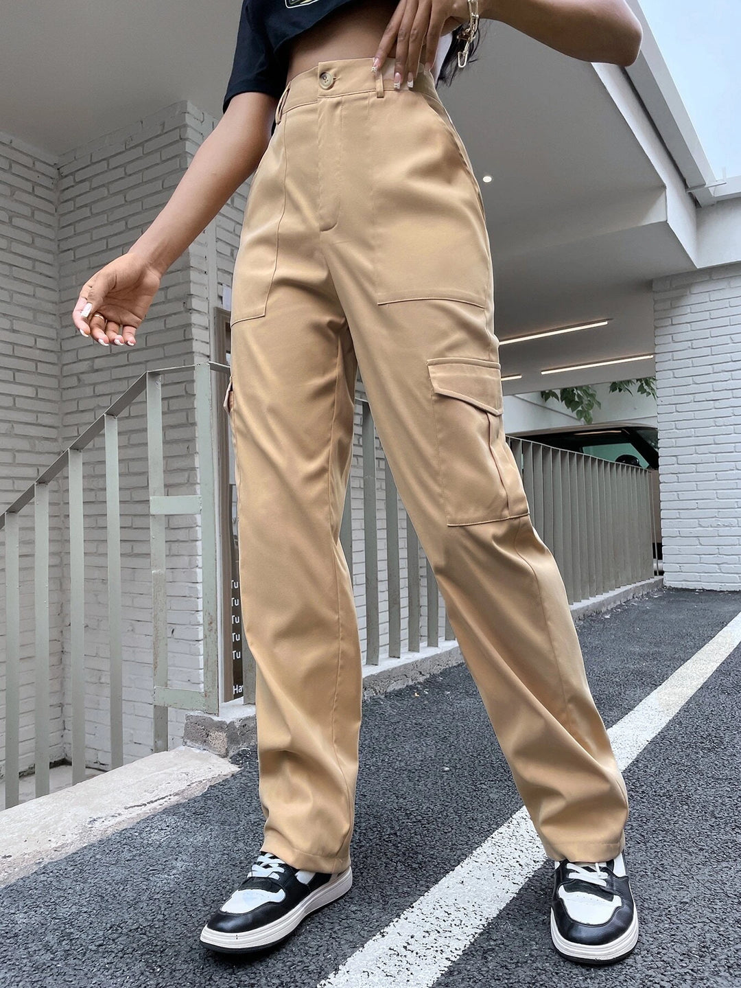 High Waist Flap Pocket Utility Pants