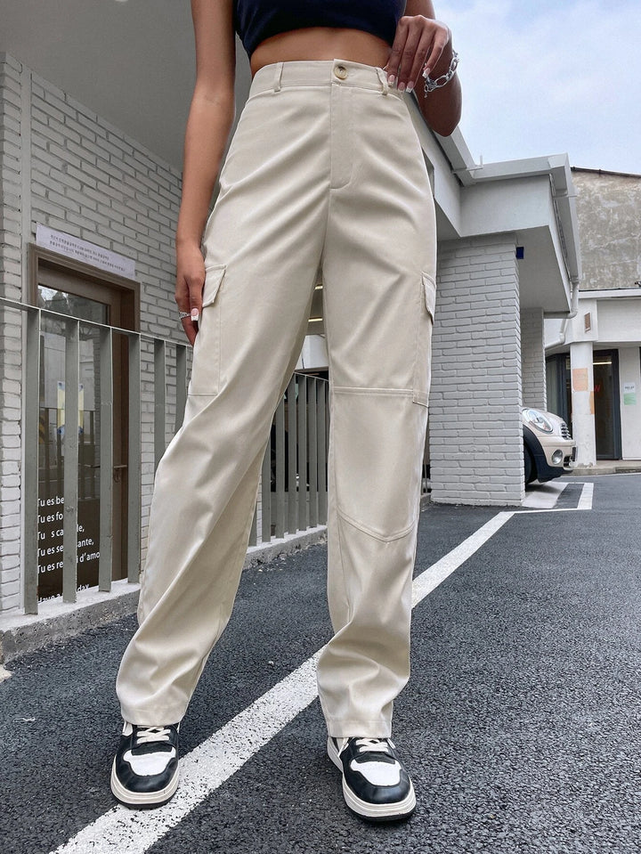 Plain High Waist Flap Pocket Side Cargo Pants