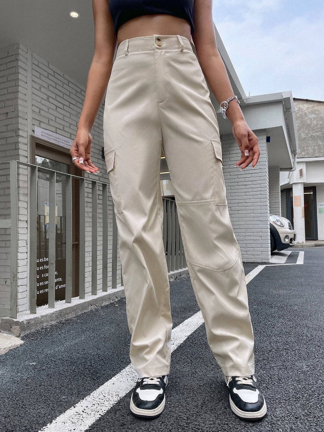 Plain High Waist Flap Pocket Side Cargo Pants