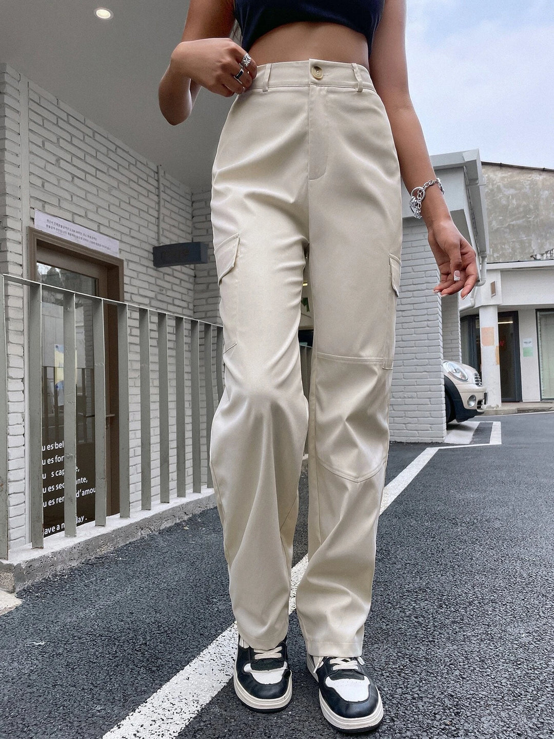 Plain High Waist Flap Pocket Side Cargo Pants