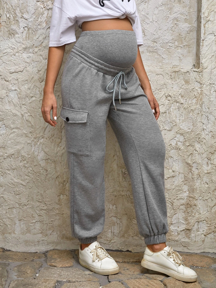 Drawstring Waist Flap Pocket Maternity Cargo Pants