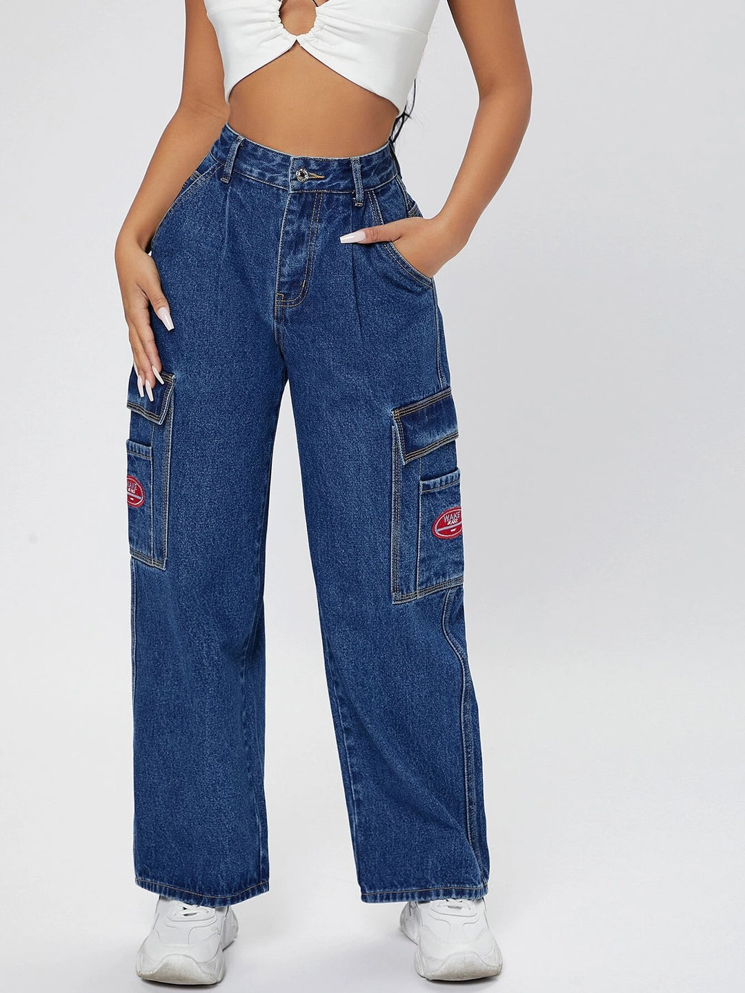 High Waist Pocket Side Wide Jeans
