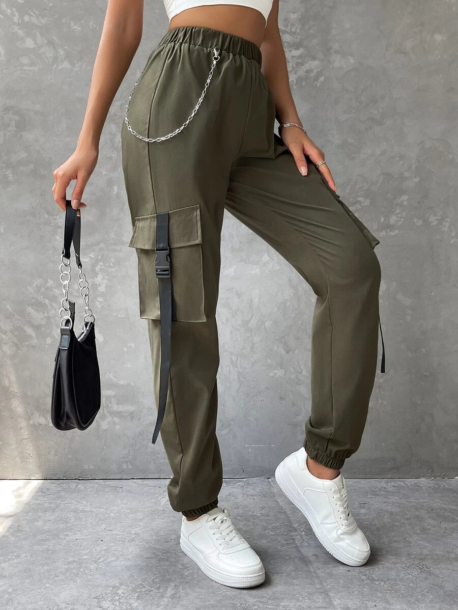 Flap Pocket Buckle Tape Cargo Pants With Chain