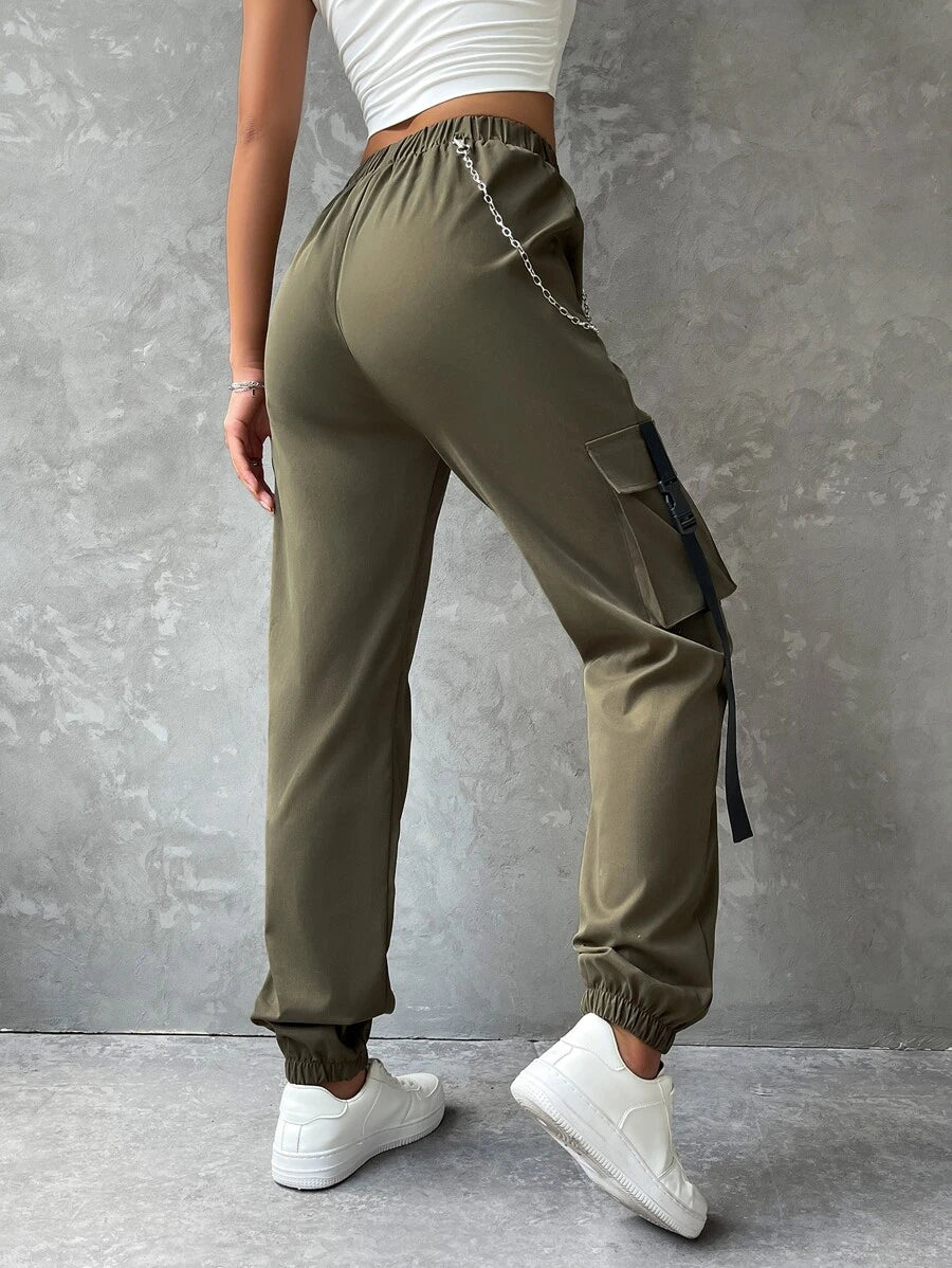 Flap Pocket Buckle Tape Cargo Pants With Chain