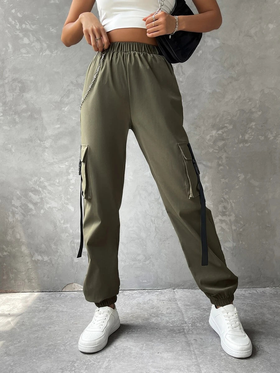 Flap Pocket Buckle Tape Cargo Pants With Chain