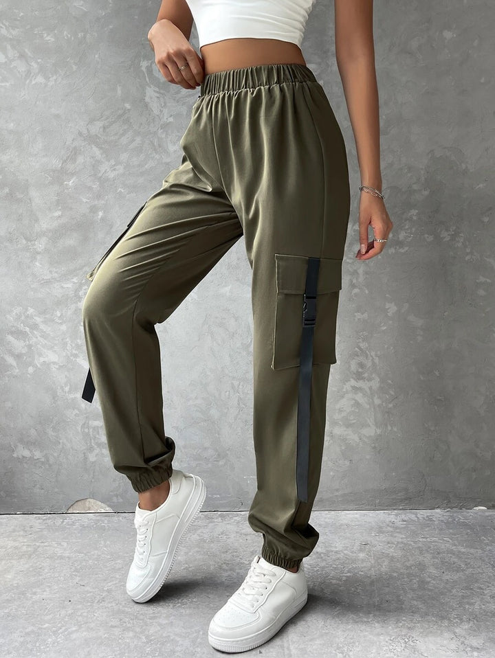 Flap Pocket Buckle Tape Cargo Pants With Chain