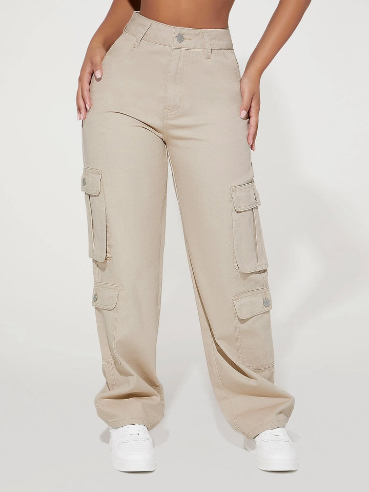 High Waist Flap Side Pocket Cargo Jeans