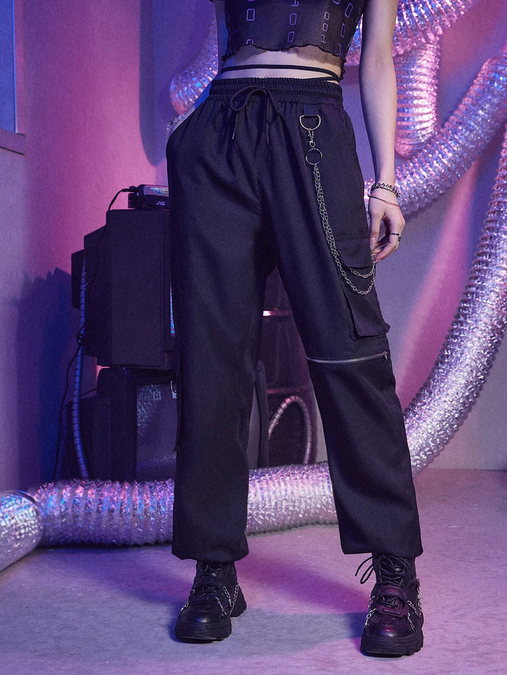 Chain Decor Drawstring Cargo Pants