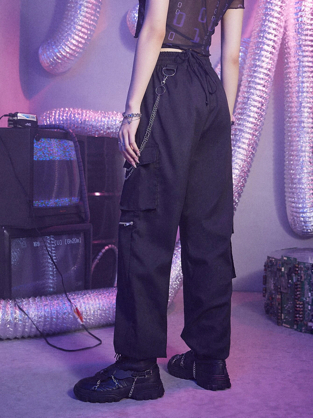 Chain Decor Drawstring Cargo Pants