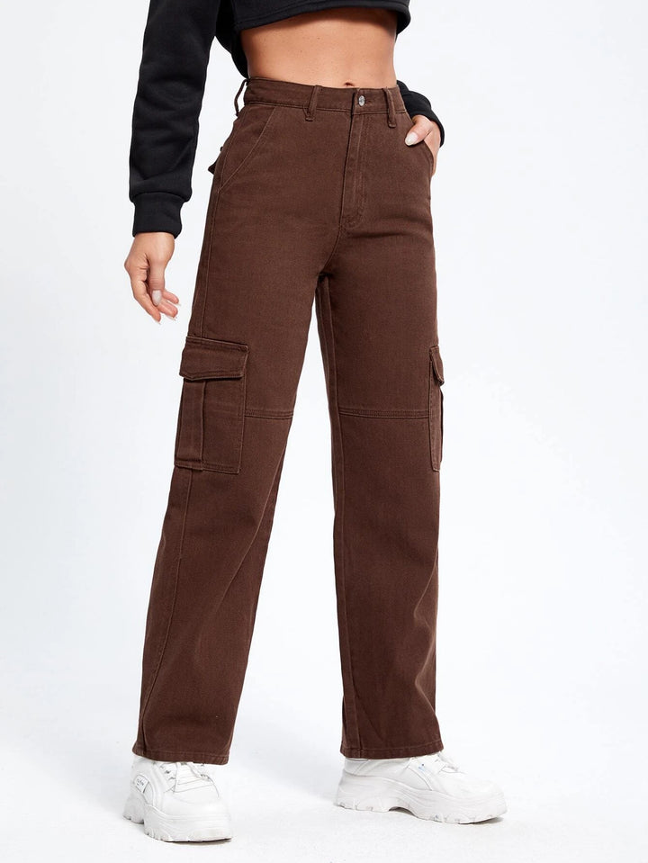 High Waist Flap Pockets Cargo Jean