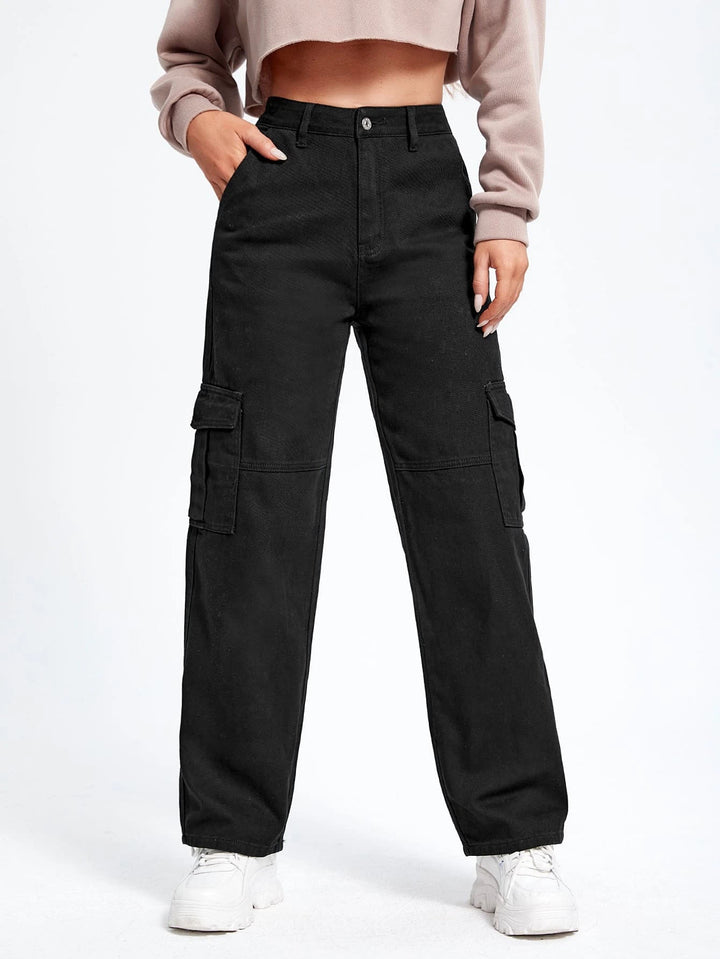 High Waist Flap Pockets Cargo Jeans