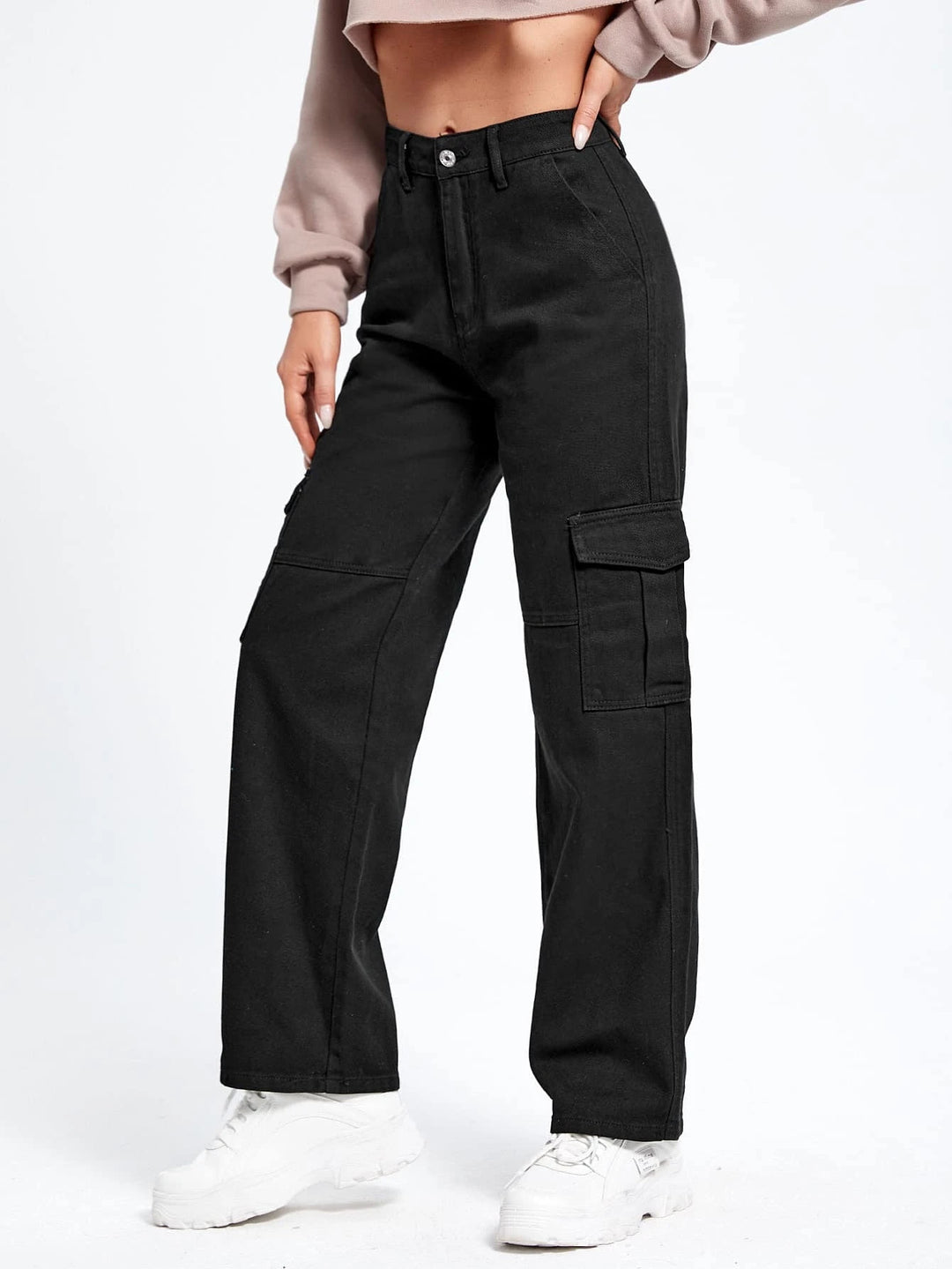 High Waist Flap Pockets Cargo Jean