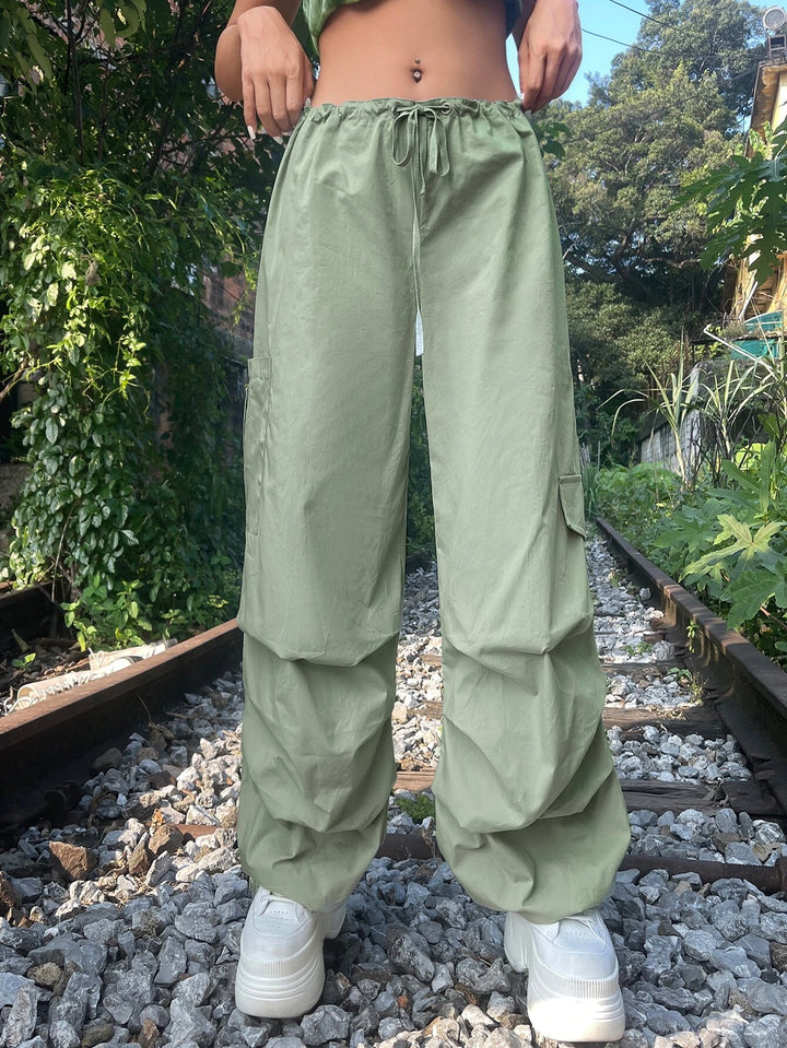 Solid Colored Drawstring Cargo Parachute Pant
