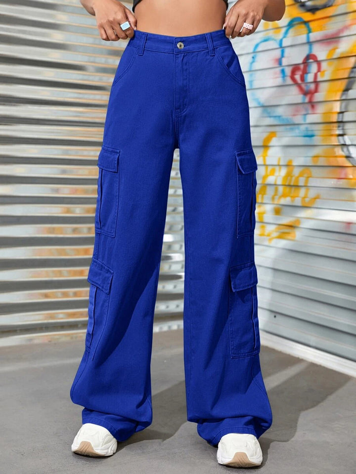 High Waist Zipper Fly Flap Pocket Cargo Jeans