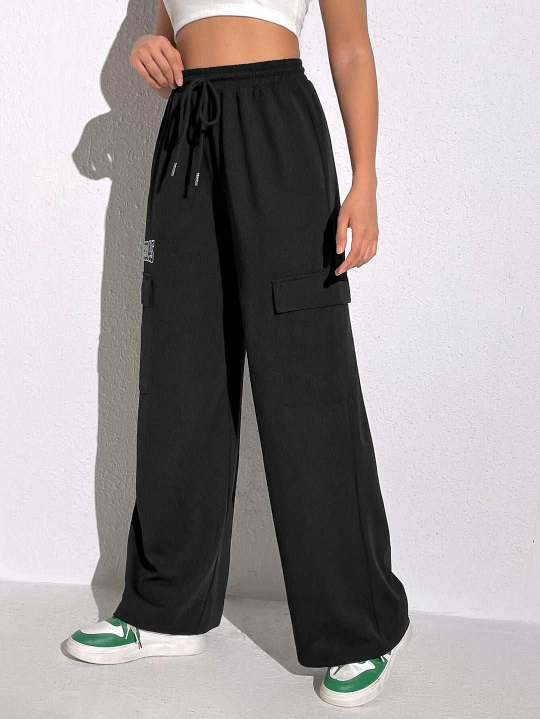 Letter Embroidery Drawstring Flap Pocket Cargo Pants
