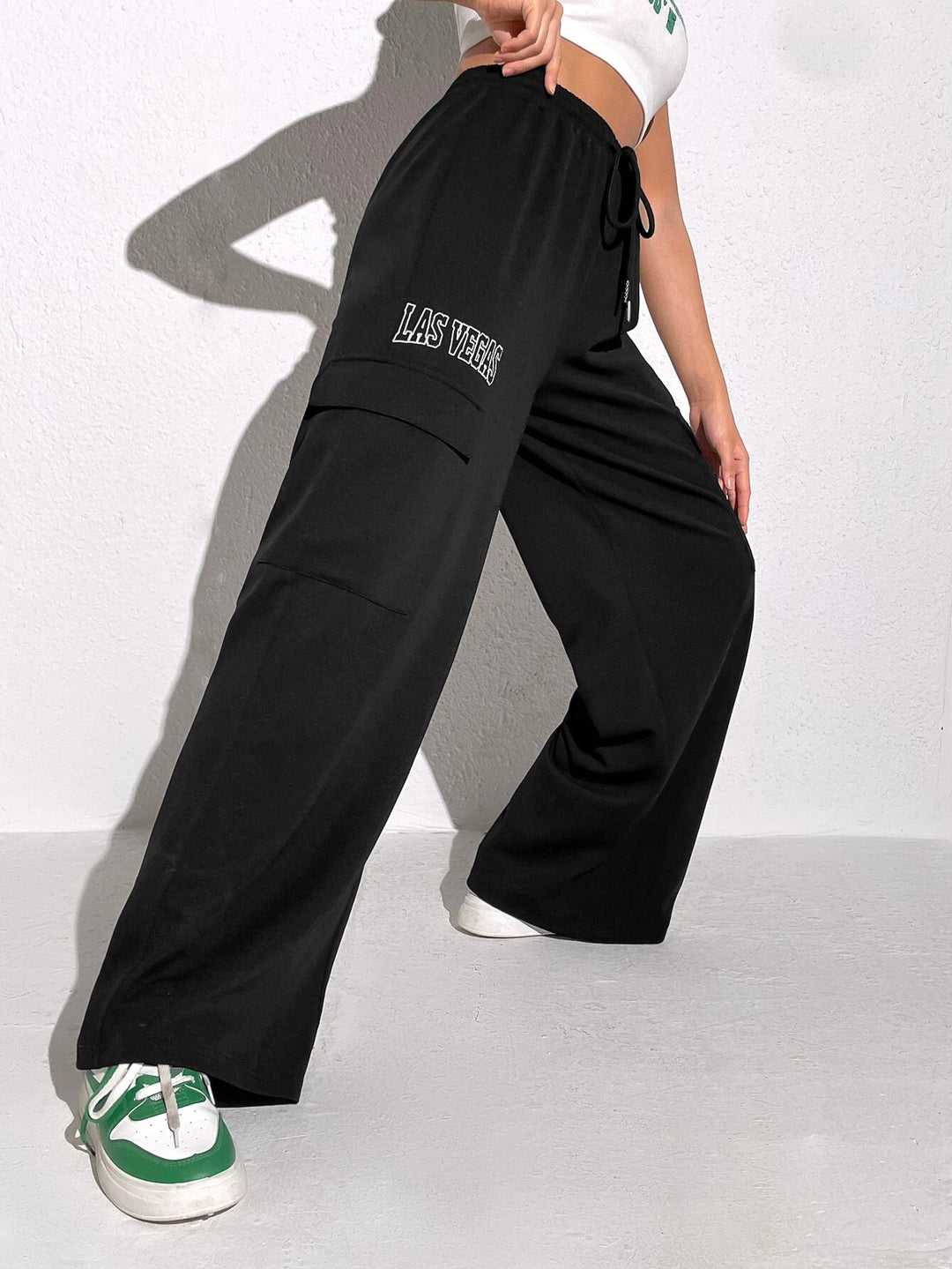 Letter Embroidery Drawstring Flap Pocket Cargo Pants