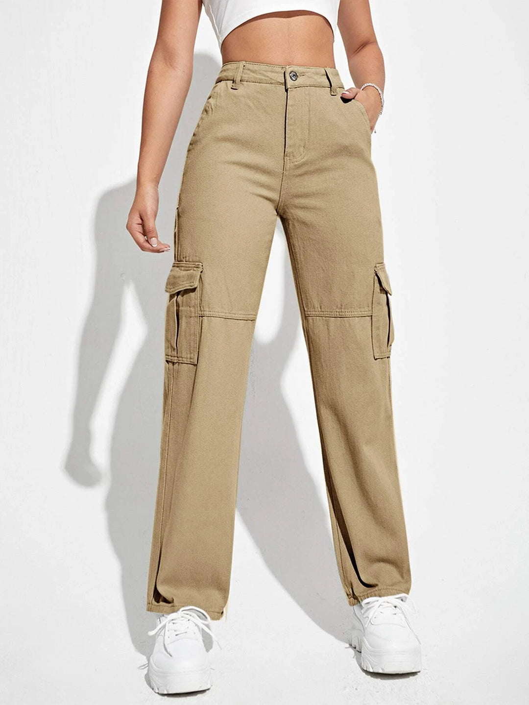 High Waist Flap Pockets Cargo Jeans