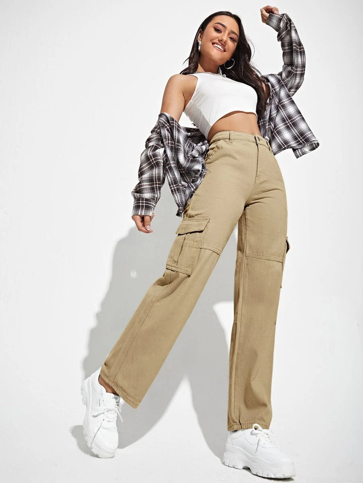 High Waist Flap Pockets Denim Cargo Jeans