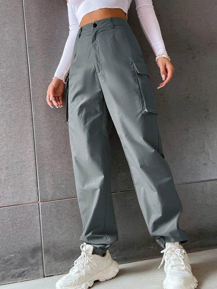 Flap Pocketed Pants In Solid Color