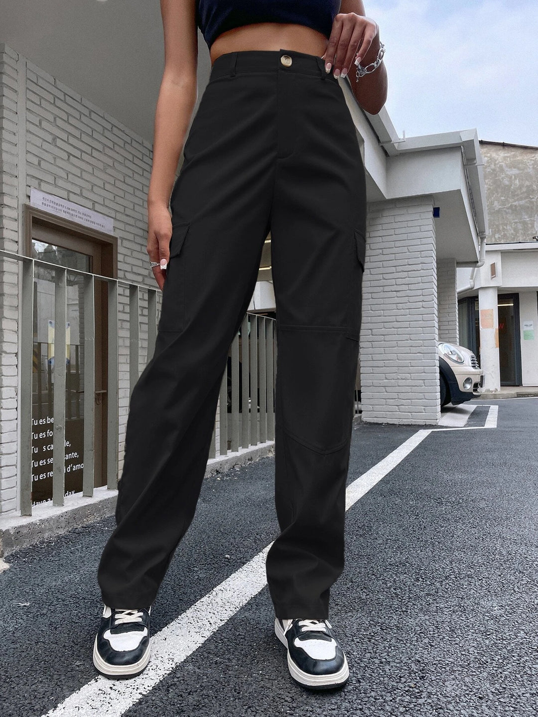 High Waist Flap Pocket Side Cargo Pants