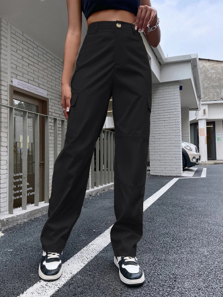 High Waist Flap Pocket Cargo Pants