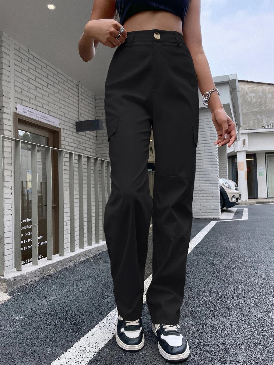 High Waist Flap Pocket Cargo Pants