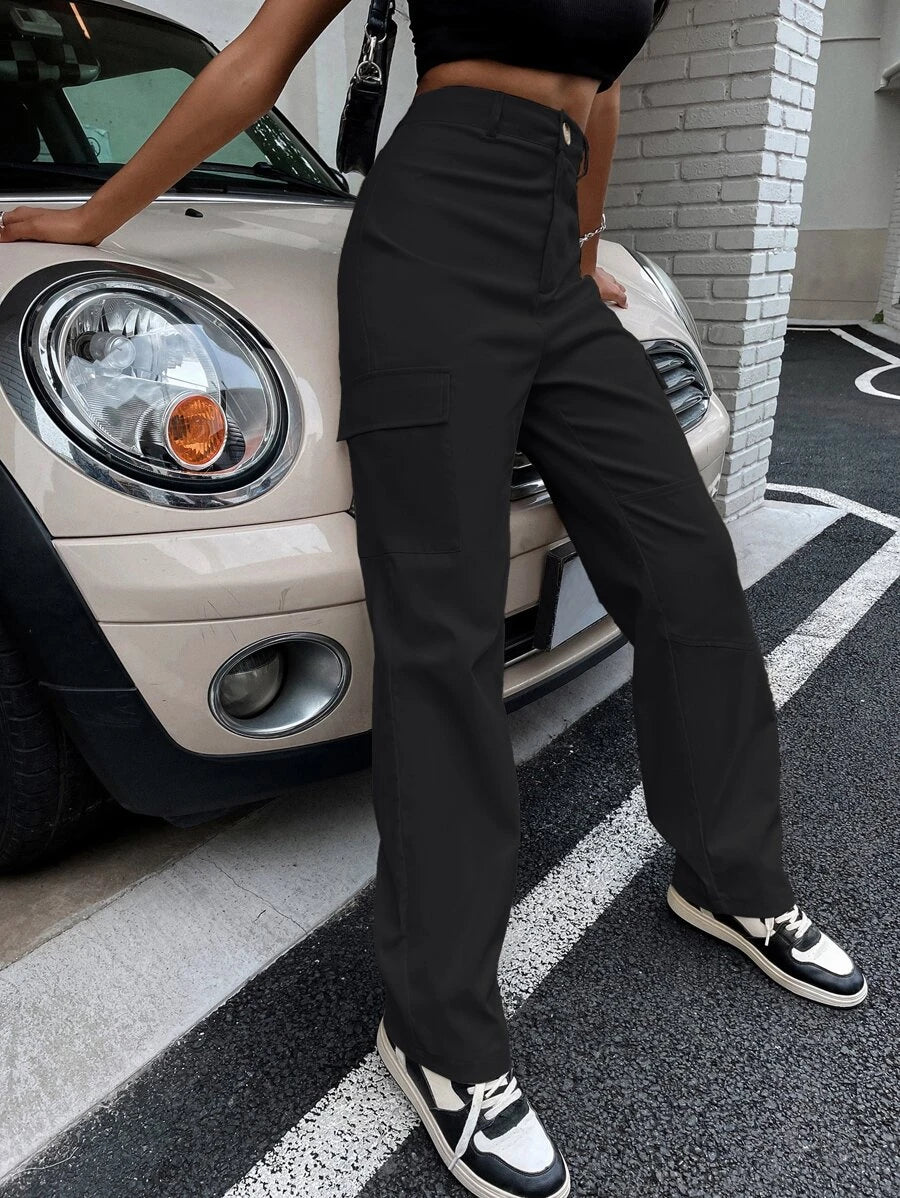 High Waist Flap Pocket Cargo Pants