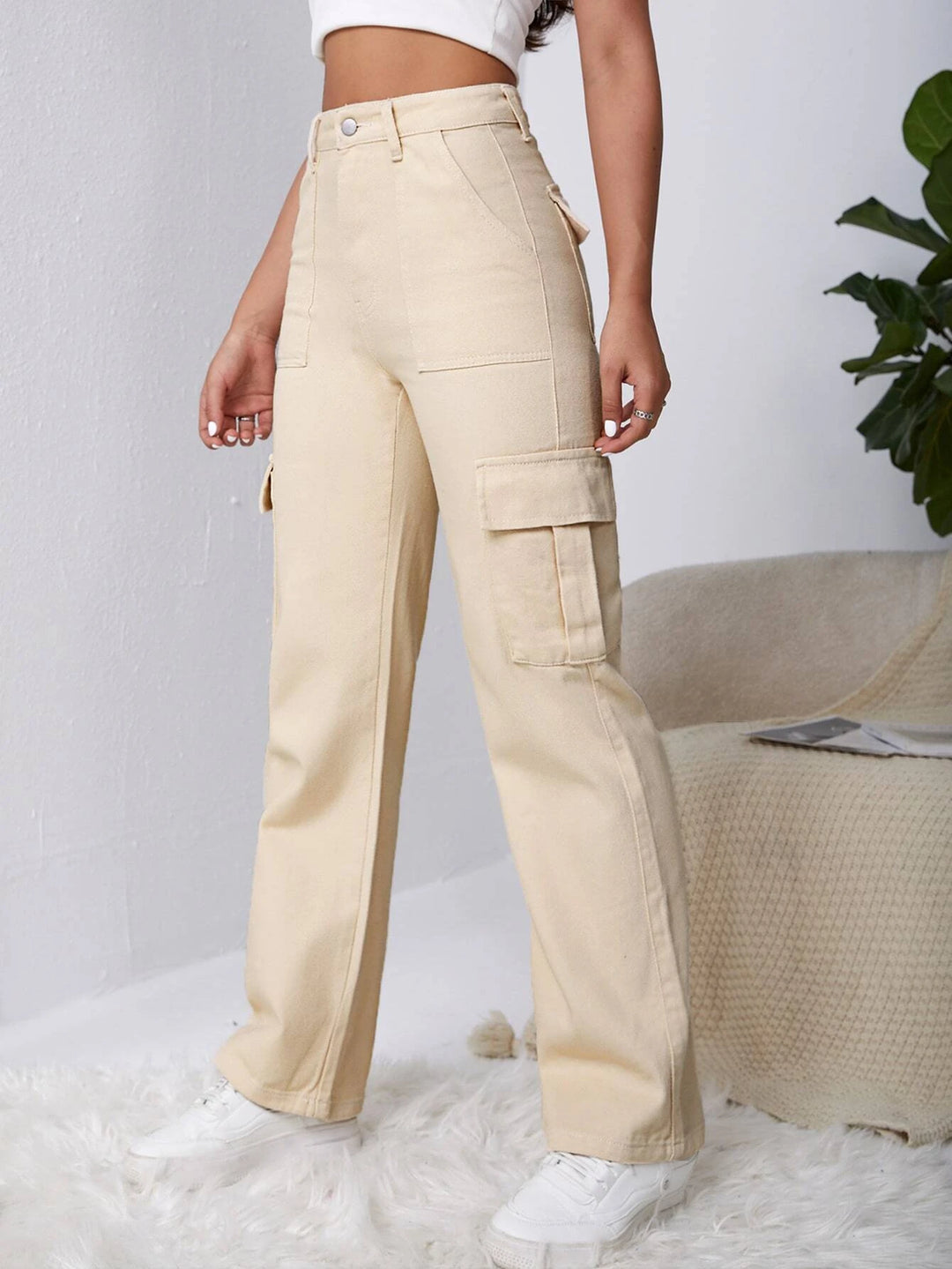 High Waist Flap Pocket Side Cargo Jeans