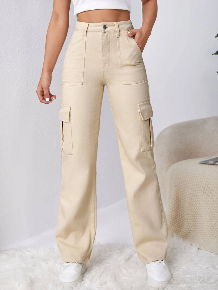 High Waist Flap Pocket Side Cargo Jeans