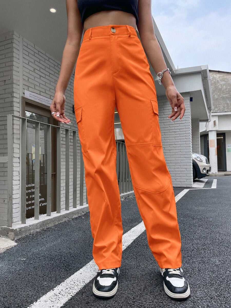 High Waist Flap Pocket Cargo Pants