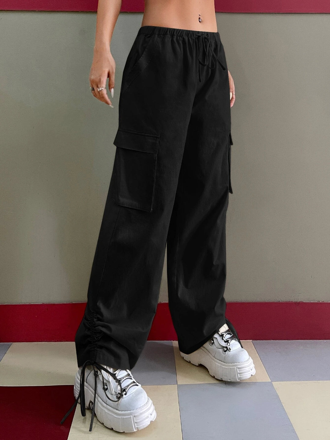 Drawstring Waist Parachute Cargo Pants