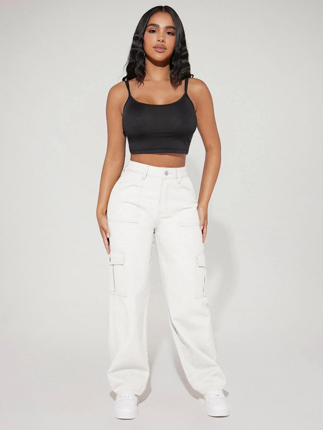 High Waist Flap Pocket Side Cargo Jeans