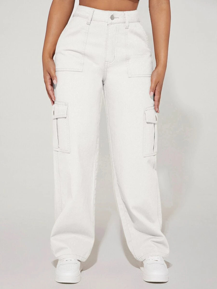 Denim High Waist Flap Pocket Side Cargo Jeans
