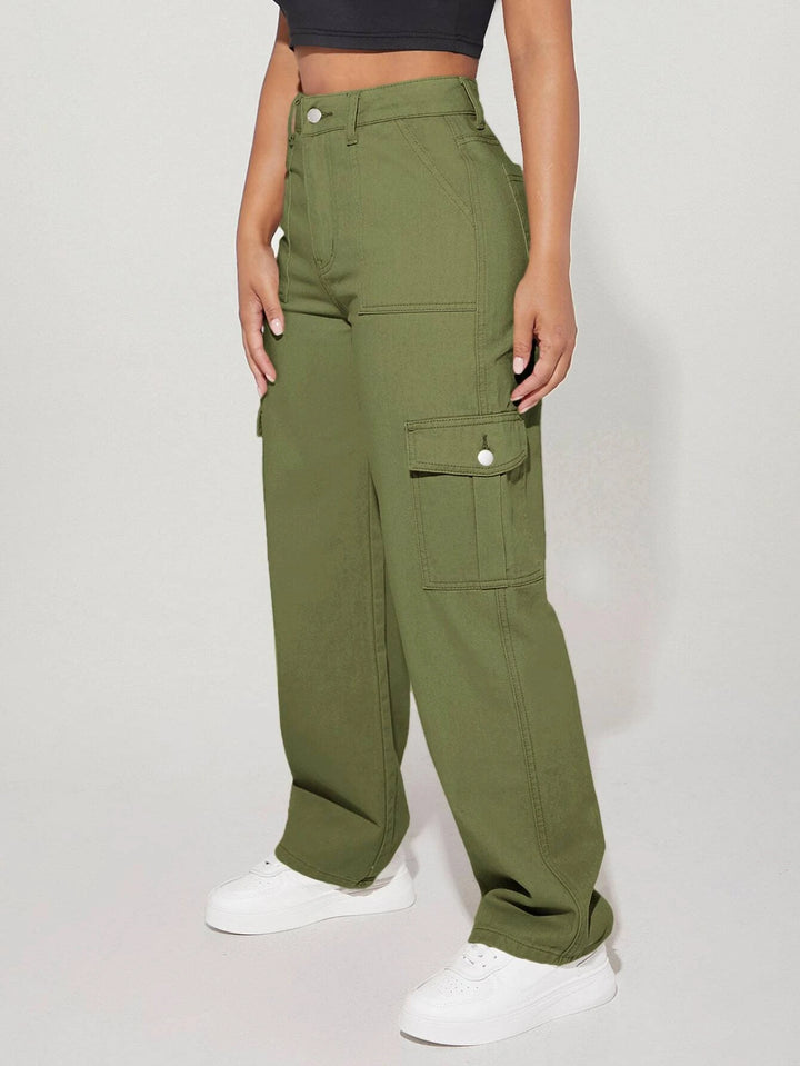 High Waist Flap Pocket Side Cargo Jeans